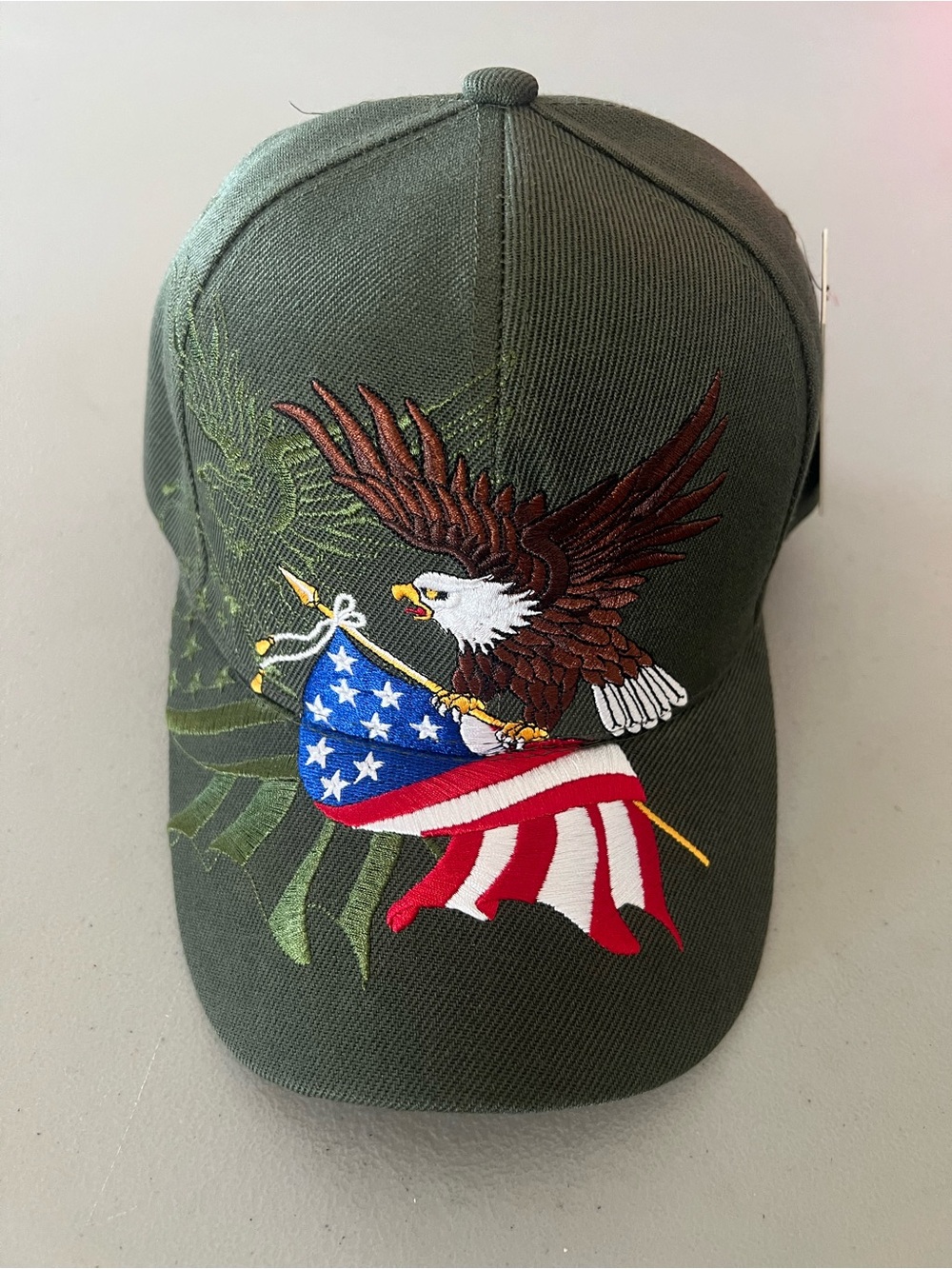 Embroidered Eagle & American Flag Olive Baseball Cap - Unbranded